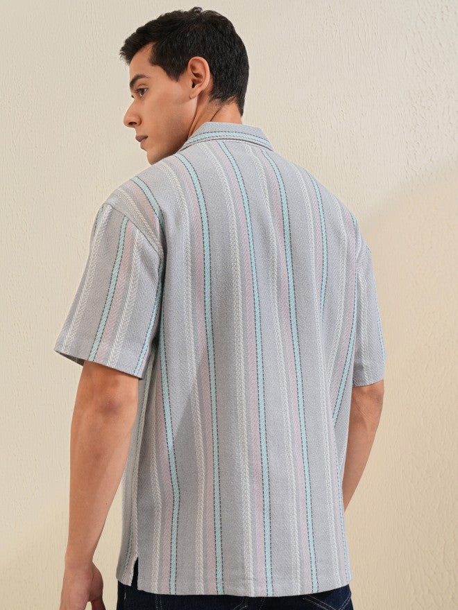 Locomotive Men Grey Striped Relaxed Fit Casual Shirt - Grey - Image 3