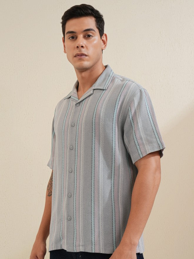 Locomotive Men Grey Striped Relaxed Fit Casual Shirt - Grey - Image 4