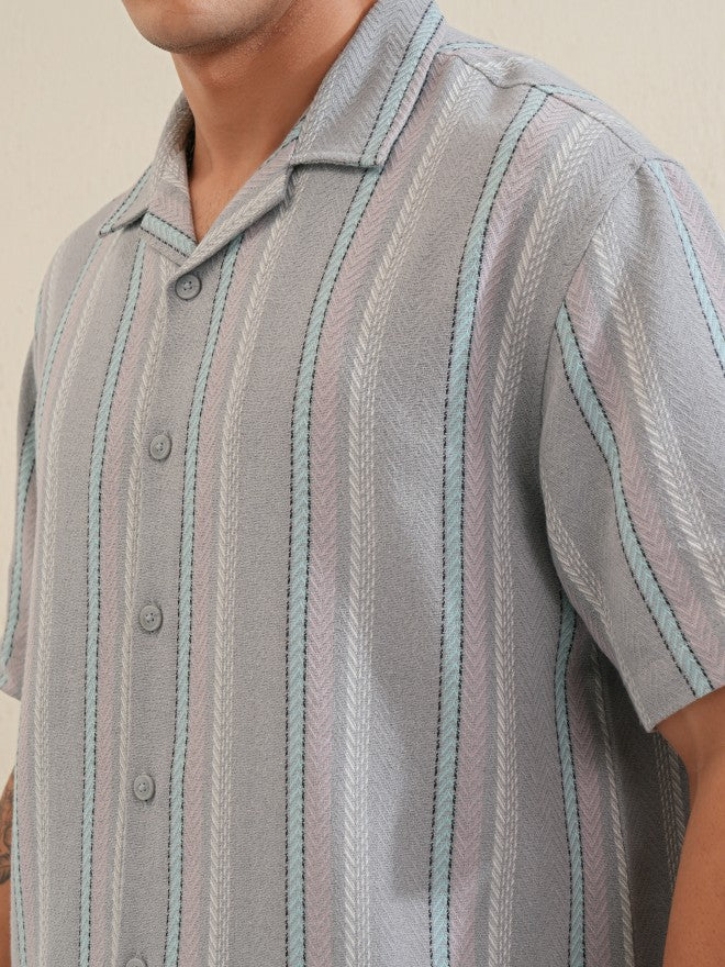Locomotive Men Grey Striped Relaxed Fit Casual Shirt - Grey - Image 5