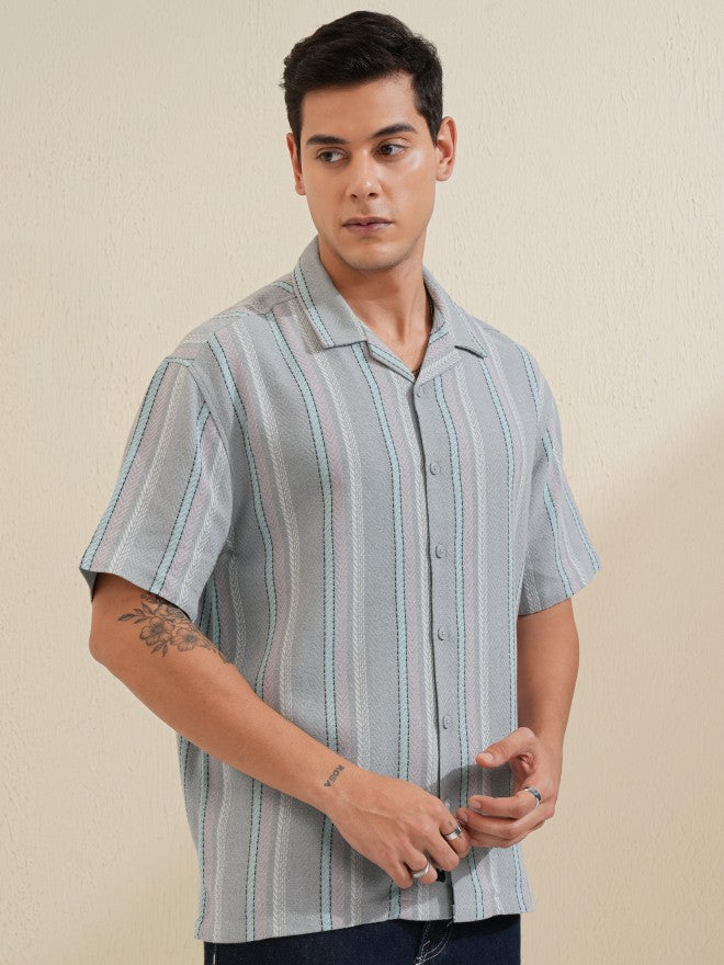 Locomotive Men Grey Striped Relaxed Fit Casual Shirt - Grey - Image 6