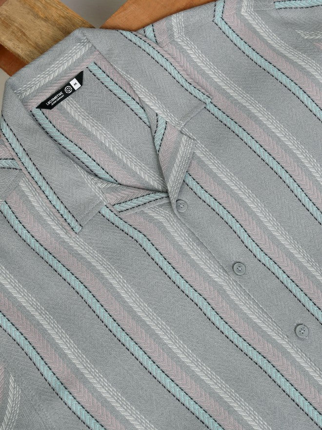 Locomotive Men Grey Striped Relaxed Fit Casual Shirt - Grey - Image 7