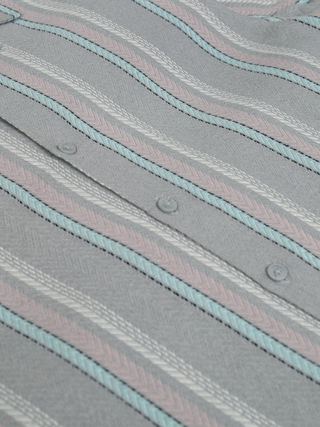 Locomotive Men Grey Striped Relaxed Fit Casual Shirt - Grey - Image 8