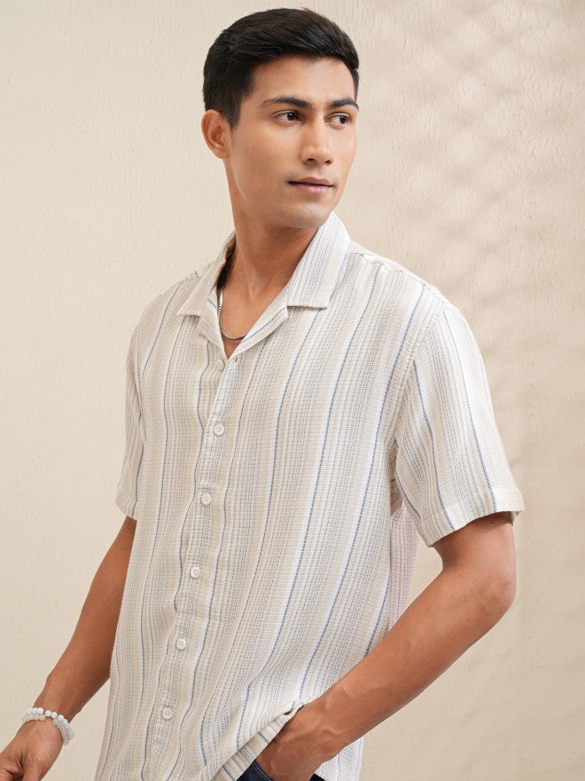 Locomotive Men Beige Striped Relaxed Fit Casual Shirt - Beige - Image 4