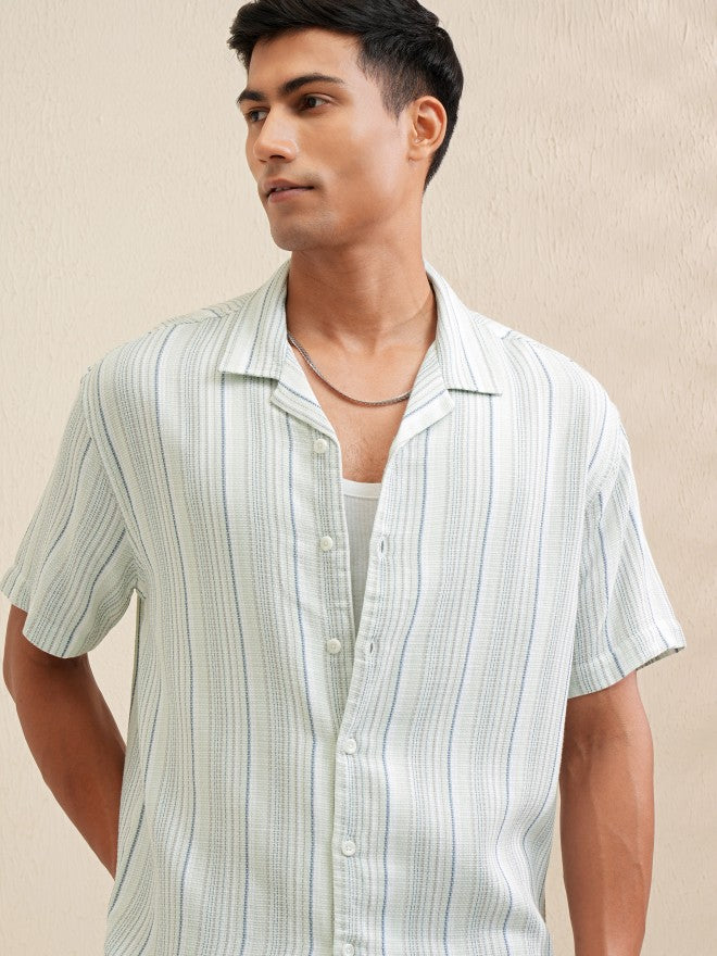 Locomotive Men Green Striped Relaxed Fit Casual Shirt - Green - Image 1