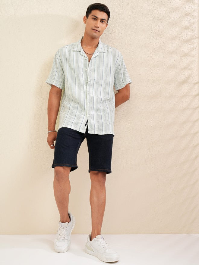 Locomotive Men Green Striped Relaxed Fit Casual Shirt - Green - Image 2