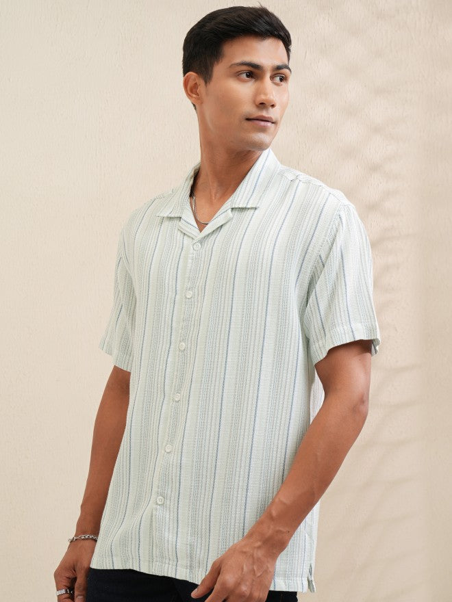 Locomotive Men Green Striped Relaxed Fit Casual Shirt - Green - Image 4