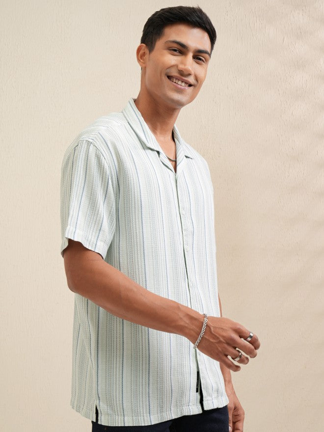 Locomotive Men Green Striped Relaxed Fit Casual Shirt - Green - Image 6