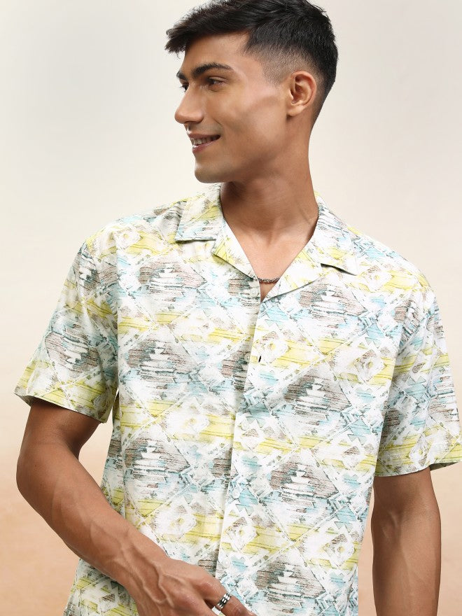 Locomotive Men Cream Printed Oversized Fit Casual Shirt - Cream - Image 1