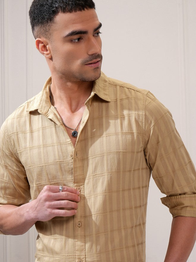 Locomotive Men Khaki Checked Regular Fit Casual Shirt - Khaki - Image 1