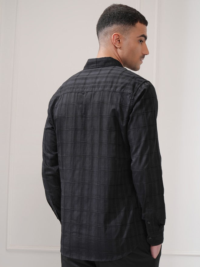 Locomotive Men Black Check Regular Fit Casual Shirt - Black - Image 3