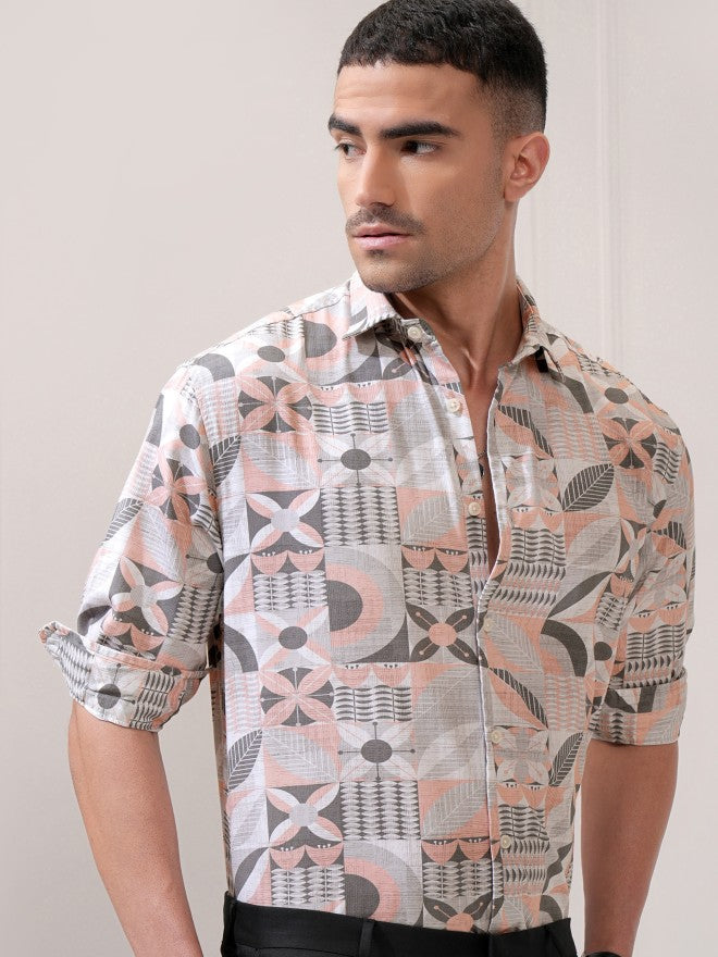 Locomotive Men Peach Printed Relaxed Fit Casual Shirt - Peach - Image 1