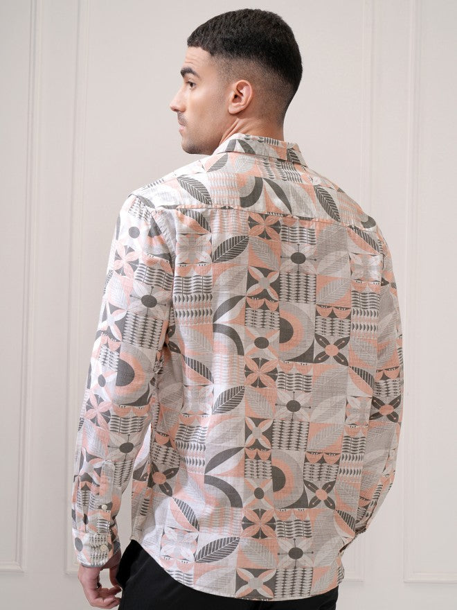 Locomotive Men Peach Printed Relaxed Fit Casual Shirt - Peach - Image 3