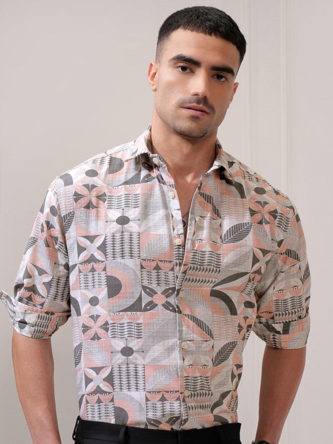 Locomotive Men Peach Printed Relaxed Fit Casual Shirt - Peach - Image 6