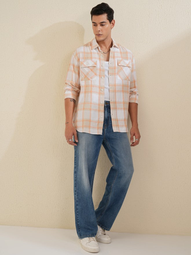 Locomotive Men Beige Checked Relaxed Fit Casual Shirt - Beige - Image 2