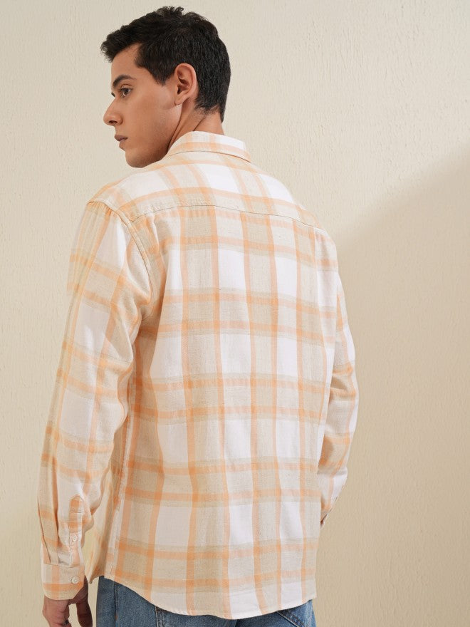 Locomotive Men Beige Checked Relaxed Fit Casual Shirt - Beige - Image 3