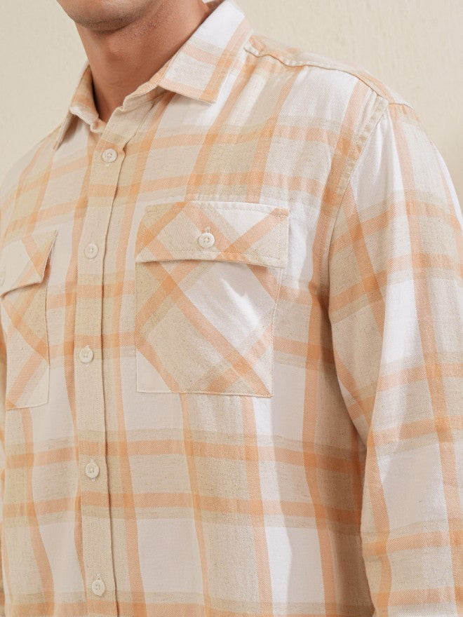 Locomotive Men Beige Checked Relaxed Fit Casual Shirt - Beige - Image 5
