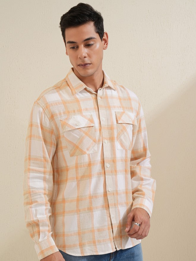 Locomotive Men Beige Checked Relaxed Fit Casual Shirt - Beige - Image 6