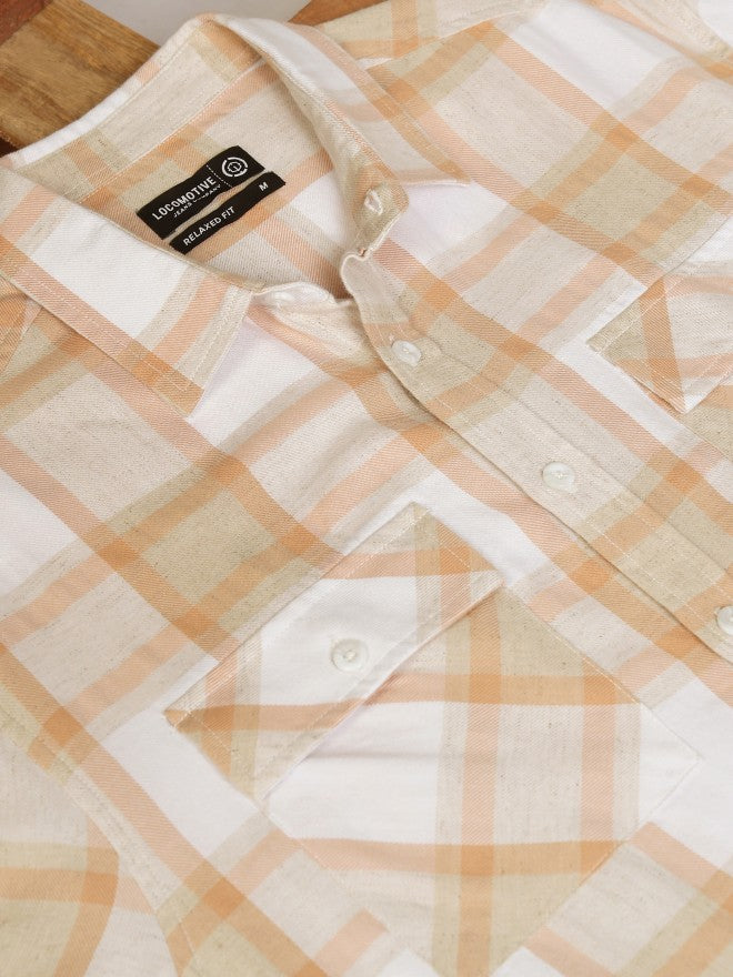 Locomotive Men Beige Checked Relaxed Fit Casual Shirt - Beige - Image 7