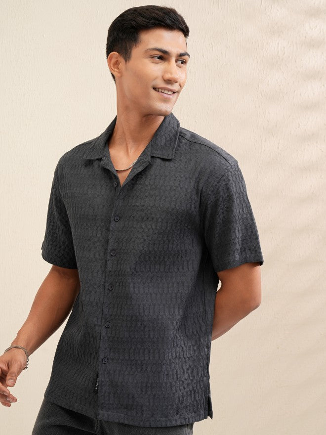 Locomotive Men Grey Textured Relaxed Fit Casual Shirt - Grey - Image 4