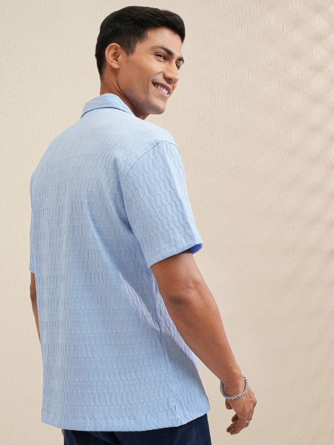Locomotive Men Blue Textured Relaxed Fit Casual Shirt - Blue - Image 3