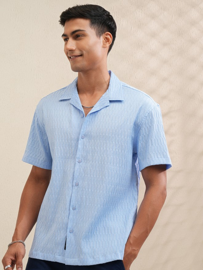 Locomotive Men Blue Textured Relaxed Fit Casual Shirt - Blue - Image 4