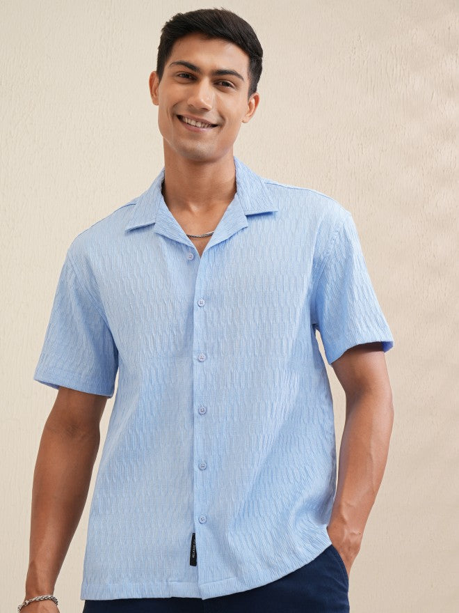 Locomotive Men Blue Textured Relaxed Fit Casual Shirt - Blue - Image 6