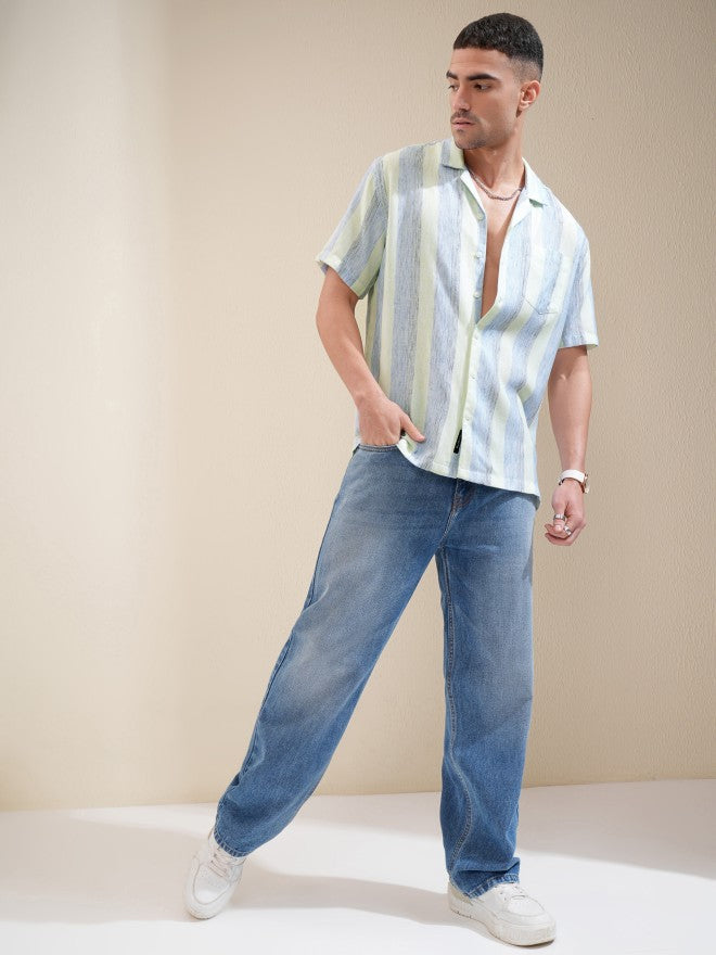 Locomotive Men Green Striped Relaxed Fit Casual Shirt - Green - Image 2