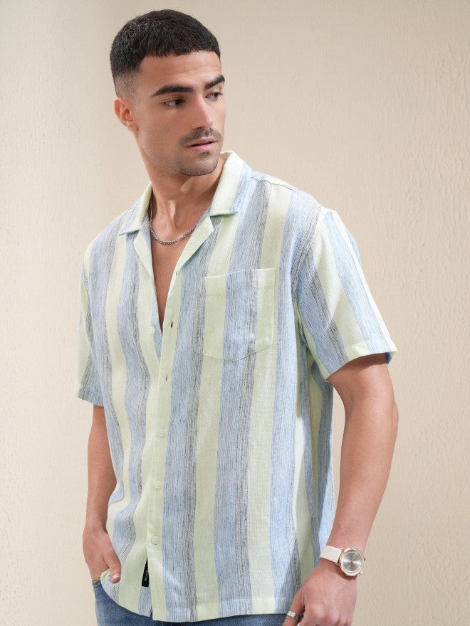 Locomotive Men Green Striped Relaxed Fit Casual Shirt - Green - Image 4