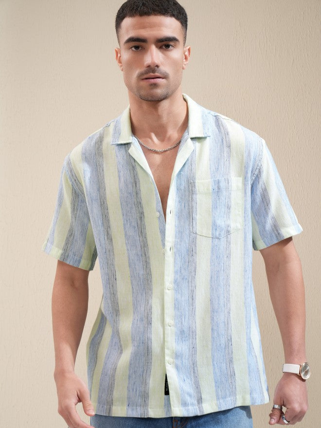 Locomotive Men Green Striped Relaxed Fit Casual Shirt - Green - Image 6
