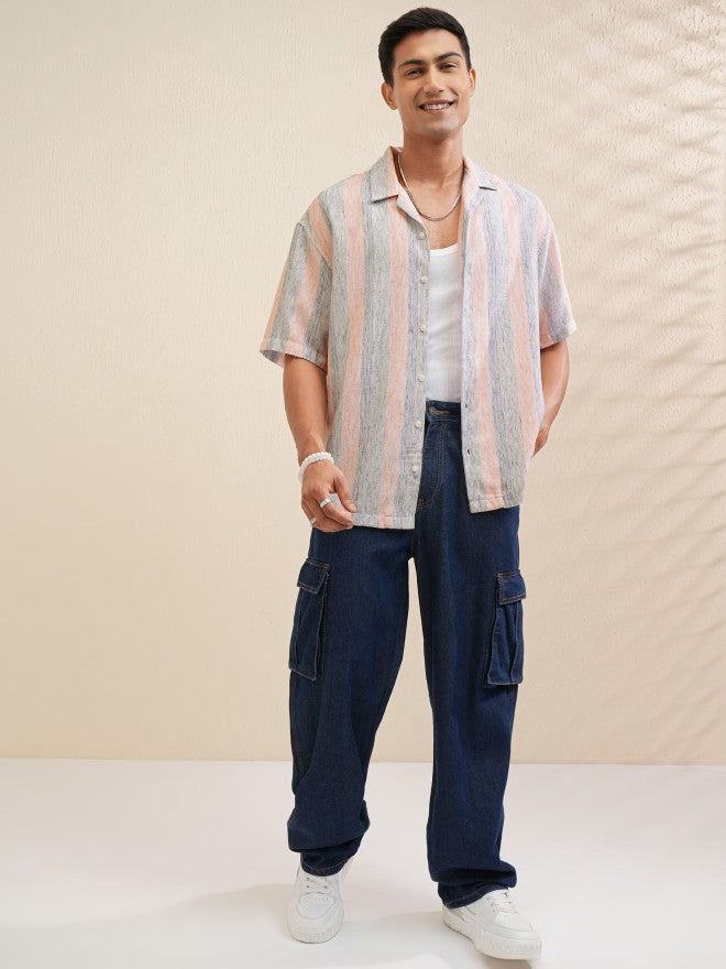 Locomotive Men Orange Striped Relaxed Fit Casual Shirt - Orange - Image 2