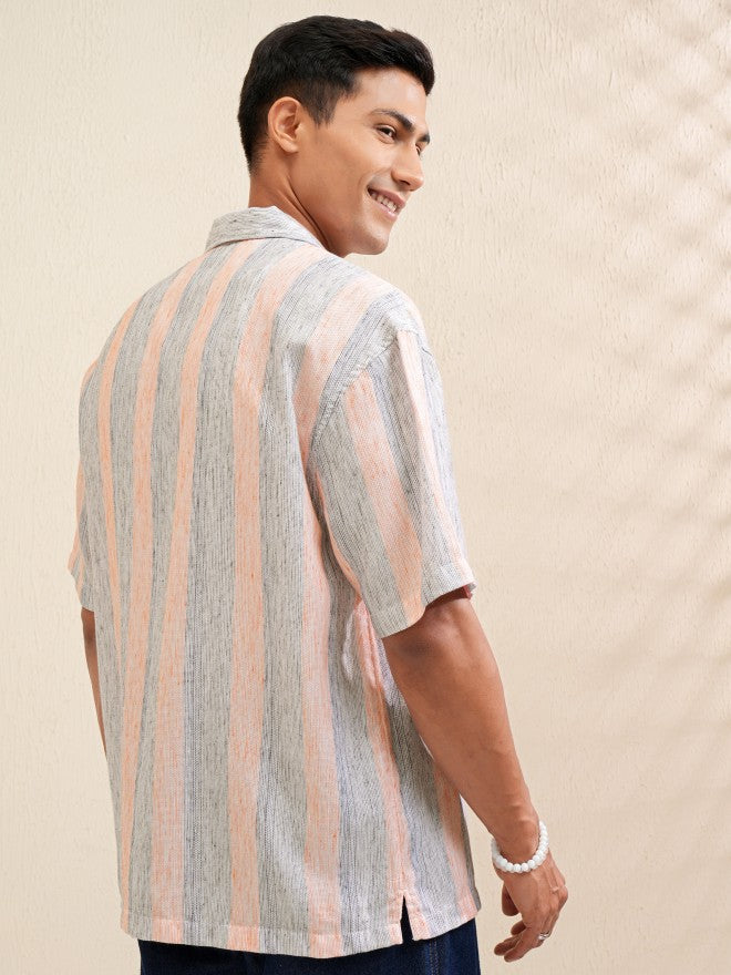 Locomotive Men Orange Striped Relaxed Fit Casual Shirt - Orange - Image 3