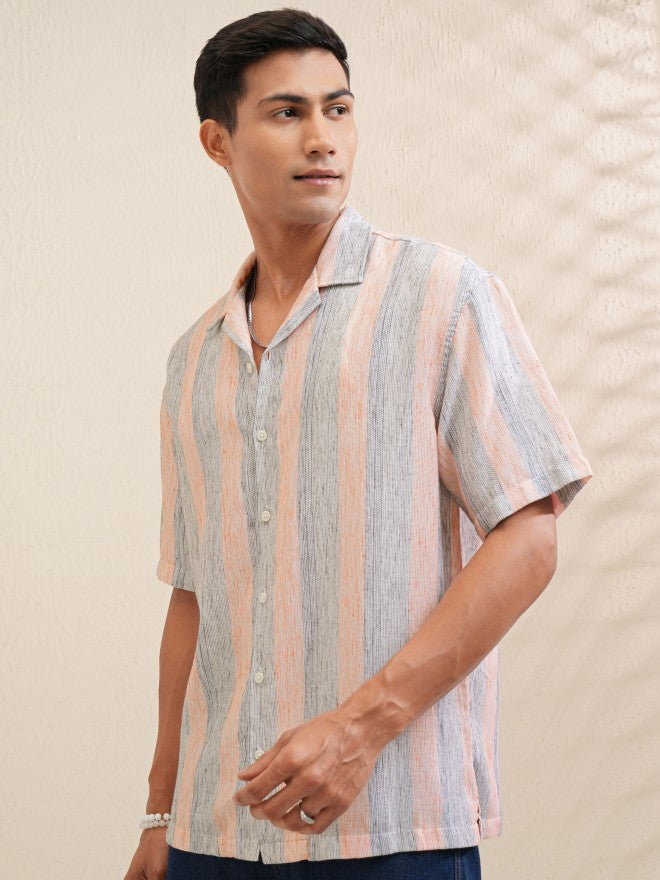 Locomotive Men Orange Striped Relaxed Fit Casual Shirt - Orange - Image 4