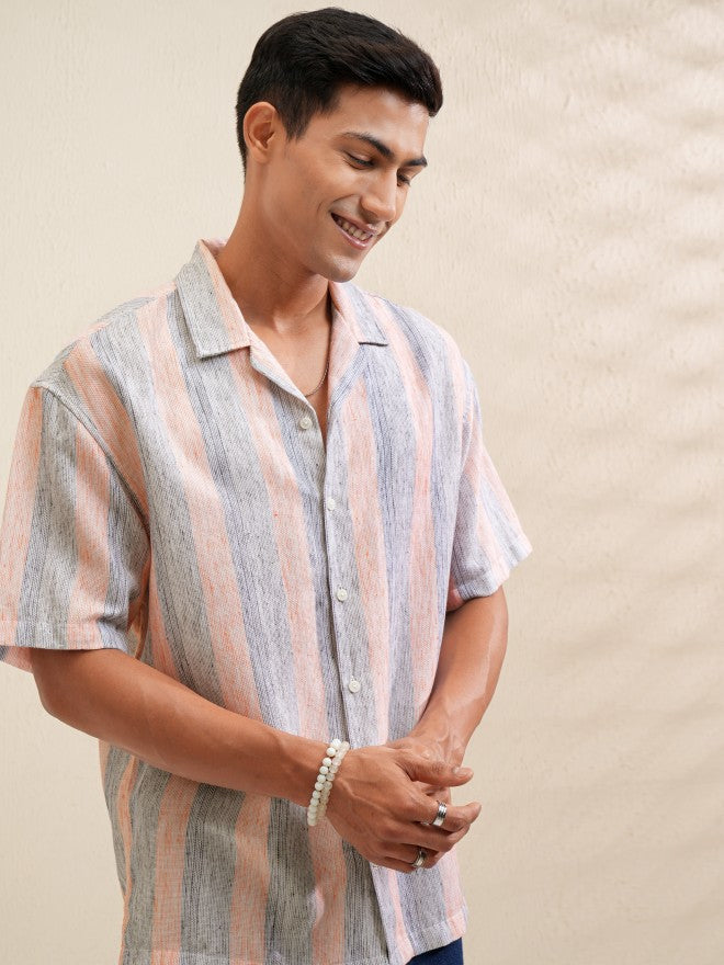 Locomotive Men Orange Striped Relaxed Fit Casual Shirt - Orange - Image 6