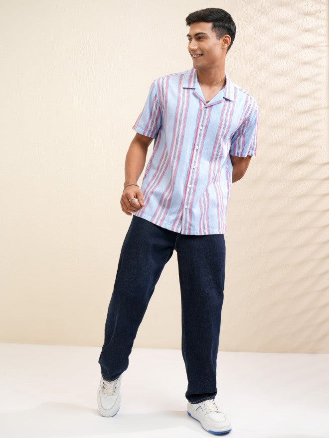 Locomotive Men Blue Striped Relaxed Fit Casual Shirt - Blue - Image 2