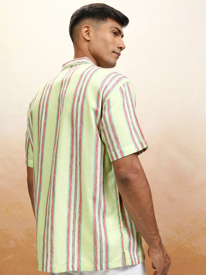 Locomotive Men Green Striped Relaxed Fit Casual Shirt - Green - Image 3