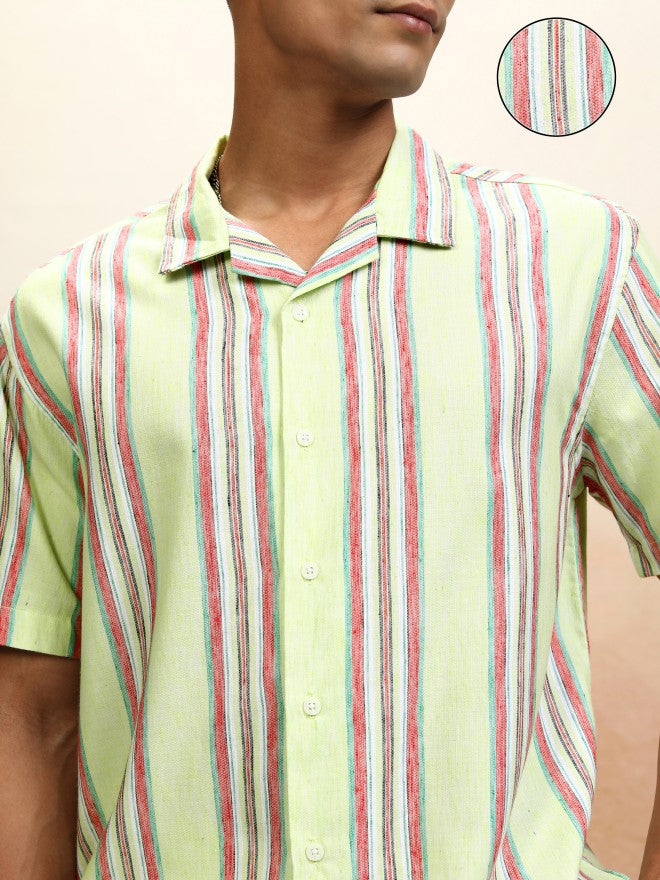 Locomotive Men Green Striped Relaxed Fit Casual Shirt - Green - Image 5