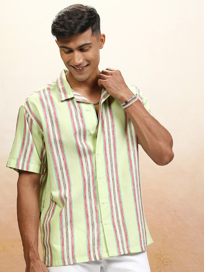 Locomotive Men Green Striped Relaxed Fit Casual Shirt - Green - Image 6
