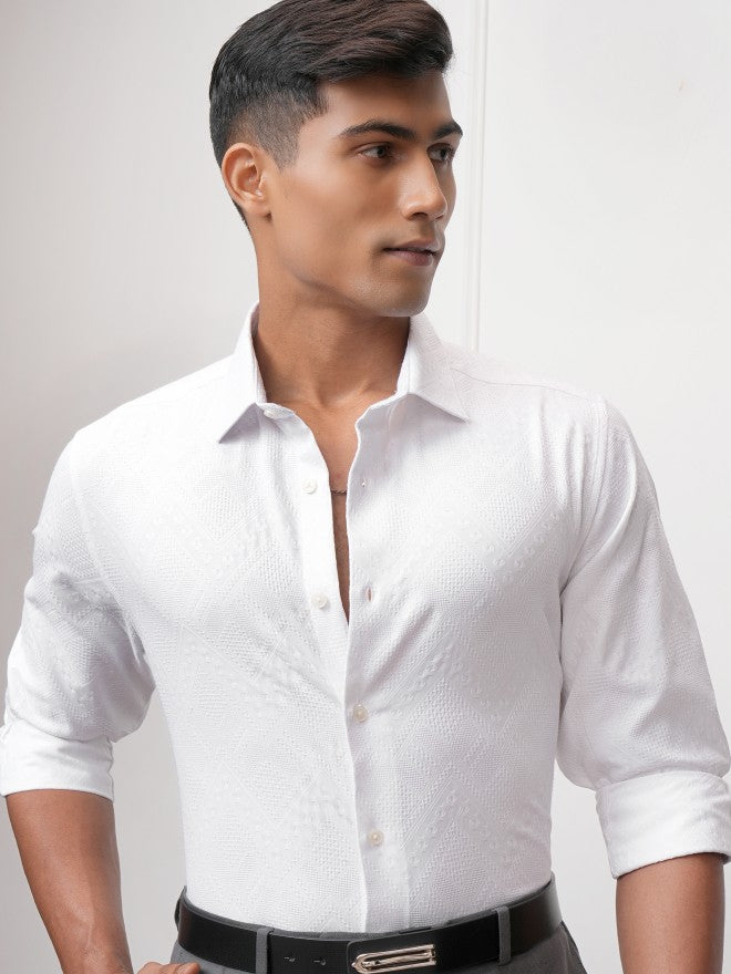 Locomotive Men White Textured Slim Fit Casual Shirt - White - Image 1