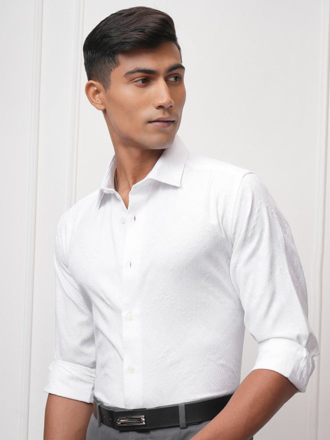 Locomotive Men White Textured Slim Fit Casual Shirt - White - Image 4
