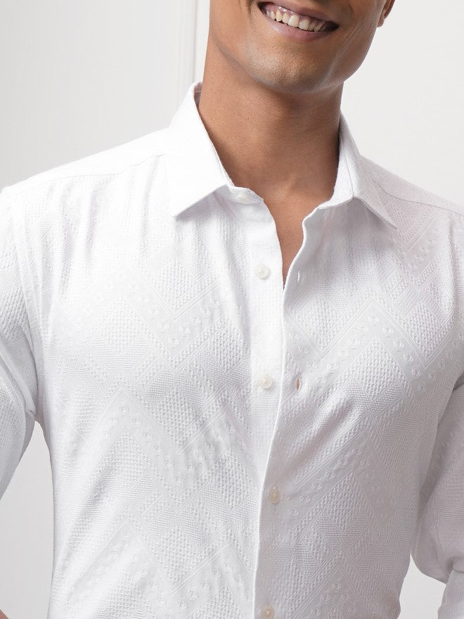 Locomotive Men White Textured Slim Fit Casual Shirt - White - Image 5