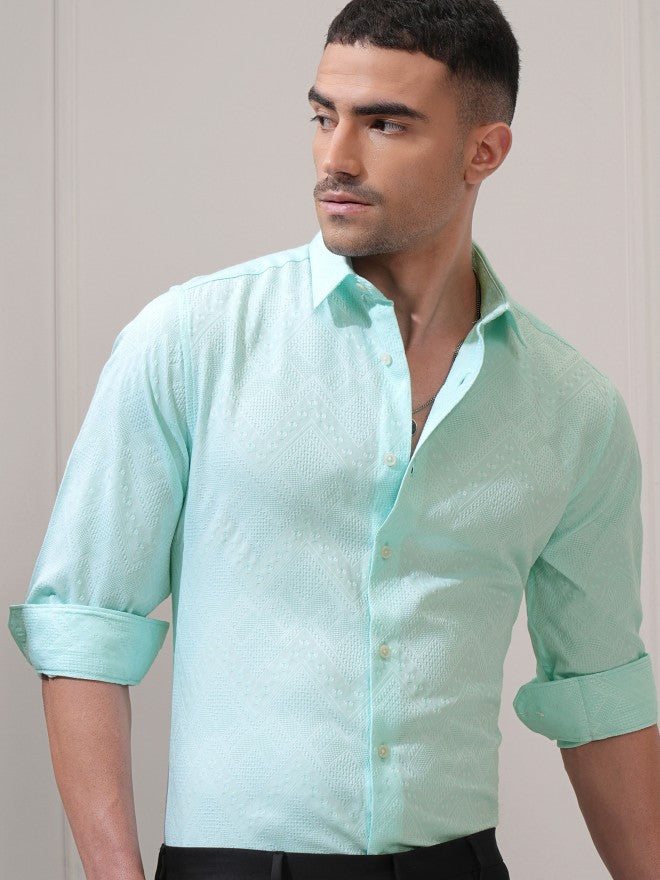 Locomotive Men Green Textured Slim Fit Casual Shirt - Green - Image 1