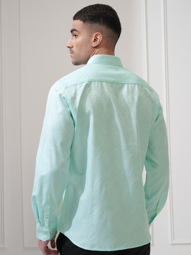 Locomotive Men Green Textured Slim Fit Casual Shirt - Green - Image 3