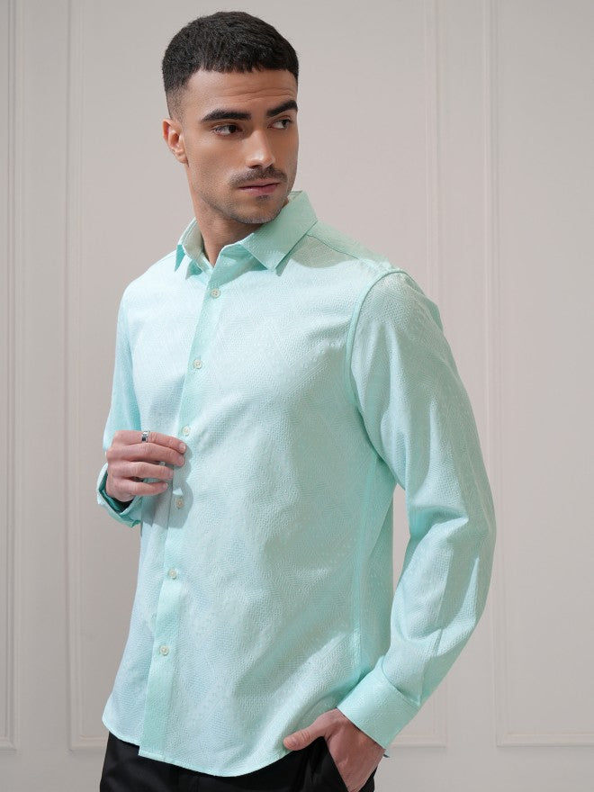 Locomotive Men Green Textured Slim Fit Casual Shirt - Green - Image 4