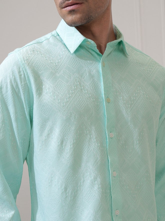 Locomotive Men Green Textured Slim Fit Casual Shirt - Green - Image 5