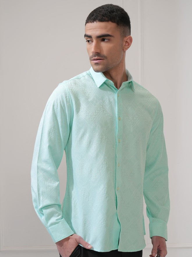 Locomotive Men Green Textured Slim Fit Casual Shirt - Green - Image 6