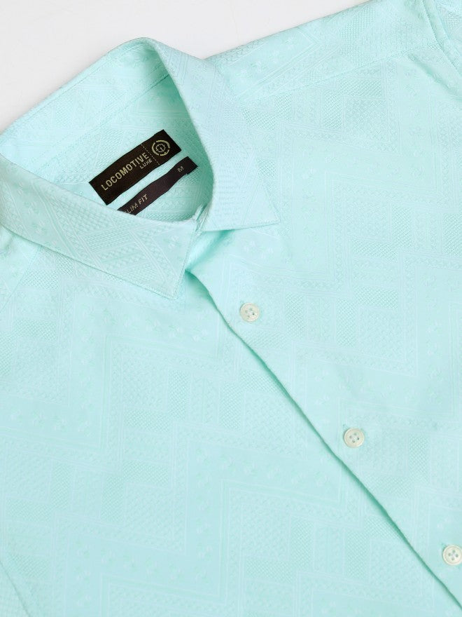 Locomotive Men Green Textured Slim Fit Casual Shirt - Green - Image 7