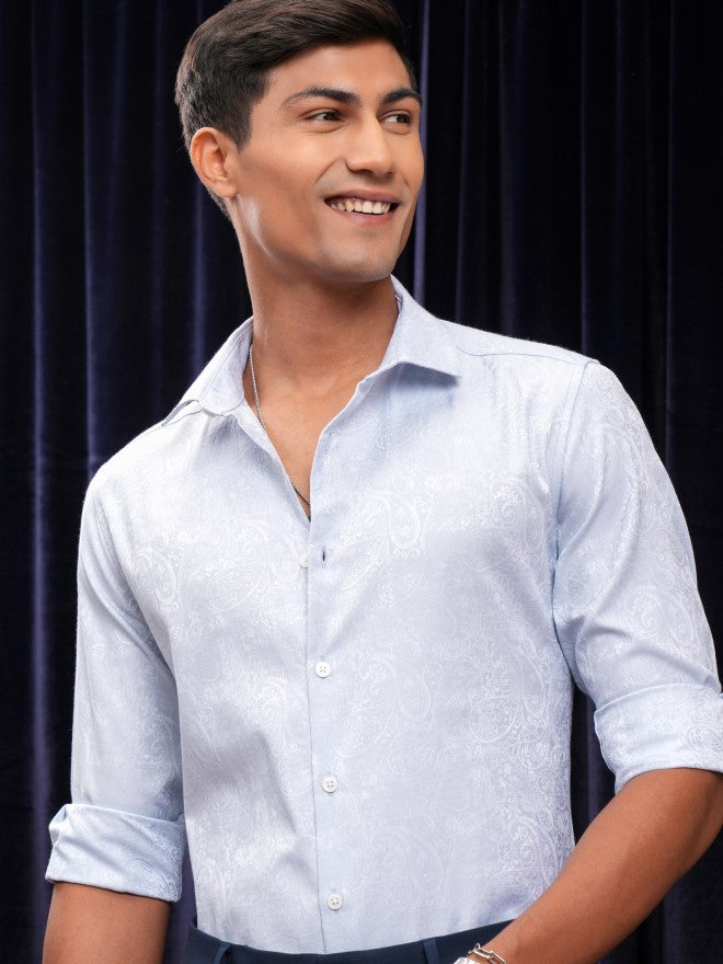 Locomotive Men Blue Self Design Slim Fit Casual Shirt - Blue - Image 1