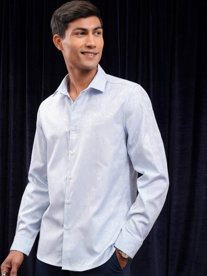 Locomotive Men Blue Self Design Slim Fit Casual Shirt - Blue - Image 4