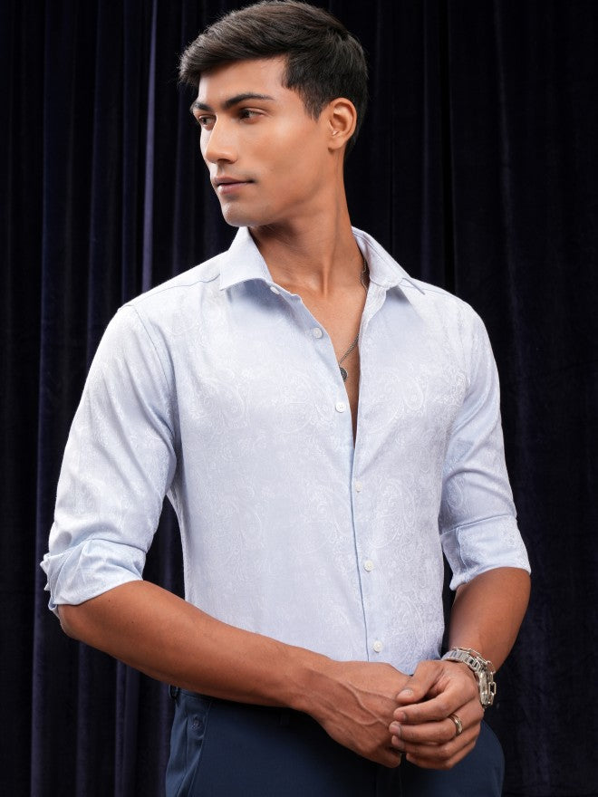 Locomotive Men Blue Self Design Slim Fit Casual Shirt - Blue - Image 6