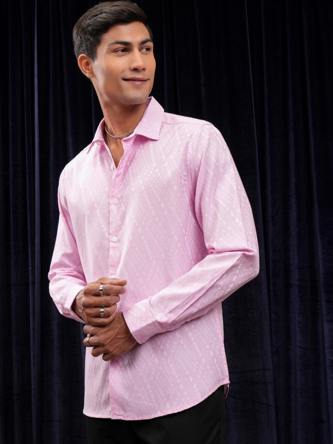Locomotive Men Pink Textured Slim Fit Casual Shirt - Pink - Image 4